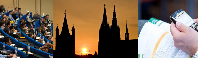 Personen im Kongresszentrum, Kölner Dom bei Dämmerung und eine Hand am Telefon