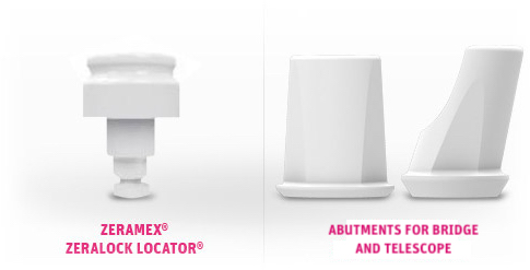 System image of a ZERAMEX® ZERALOCK™ Locator® and abutments for bridge and telescope in white ceramic