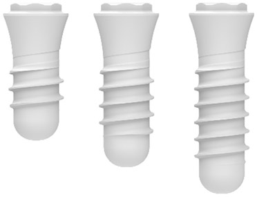 Systembild drei verschieden langer ZERAMEX® P6 Implantate in weisser Keramik