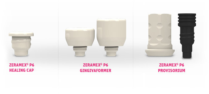 Systembild ZERAMEX® P6 Gingivaformer, Provisorium und Einheilkappe in beige und schwarz
