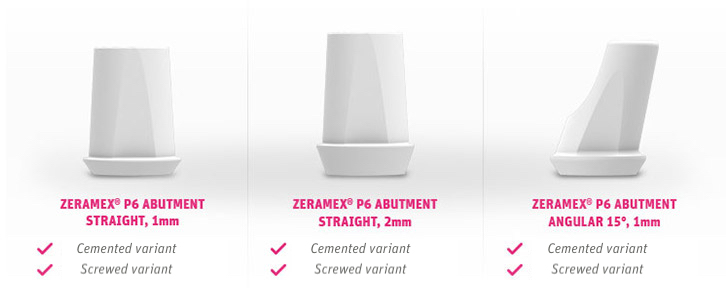 System image of different ZERAMEX® P6 abutments in white ceramic