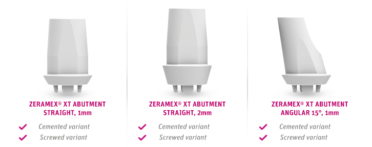 System image of different ZERAMEX® XT abutments in white ceramic