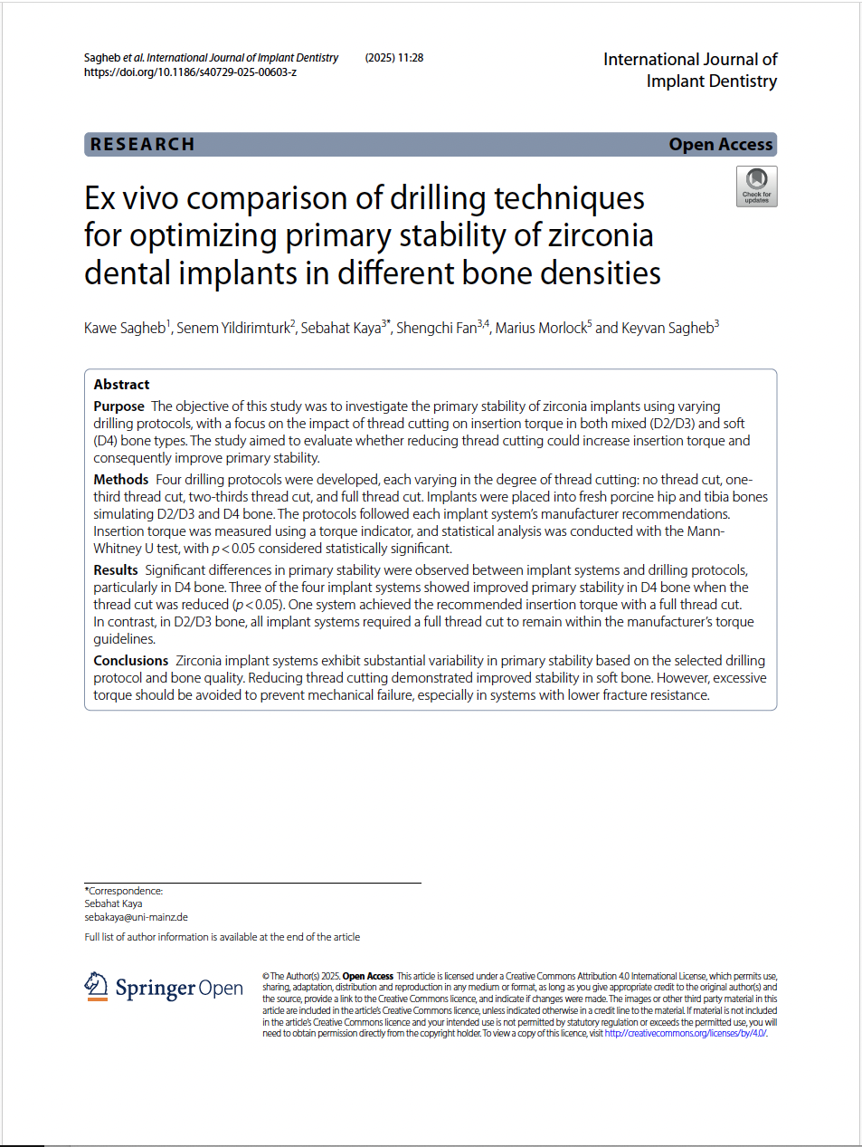 Sagheb, K., Yildirimturk, S., Kaya, S. et al. Ex vivo comparison of drilling techniques for optimizing primary stability of zirconia dental implants in different bone densities. Int J Implant Dent 11, 28 (2025).
